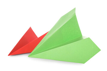 Colorful paper planes on white background