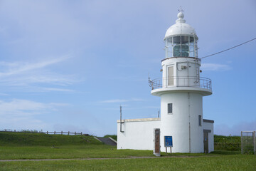 The clear sky and the beautiful white Erimo Cape Lighthouse
