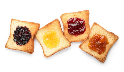 Toasts with delicious jam isolated on white background