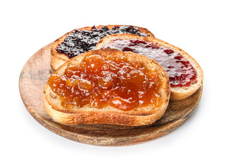 Wooden plate of toasts with sweet jam on white background