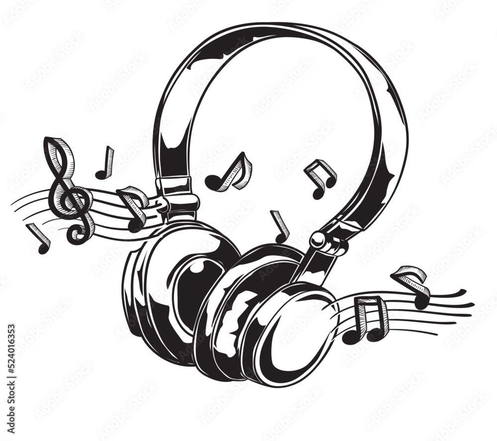 Wall mural drawn black and white musical headphones with notes