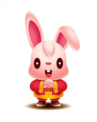Happy Chinese New Year 2023. Cartoon cute rabbit wearing traditional chinese costume with greeting hand gesture. Year of the rabbit. Vector bunny character
