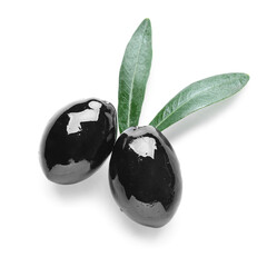 Two black olives on white background
