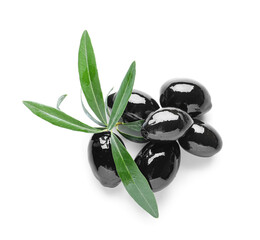 Heap of tasty black olives on white background