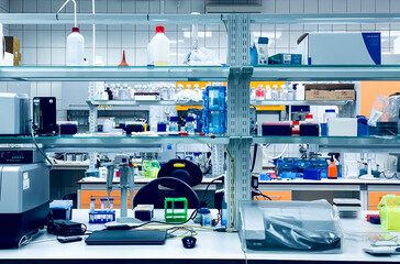 Laboratory bench with research equipment (plate reader, vortex, pipettes) and plasticware (tubes, racks, tips, vials, bottles) suitable for biomedical and biological experiments.