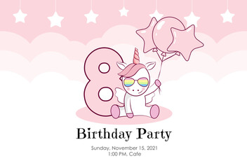 Birthday invitation for baby girl with cute unicorn, balloons and clouds in pink colors. Ready to use and editable template. An invitation for children and adults. Eighth year of birth