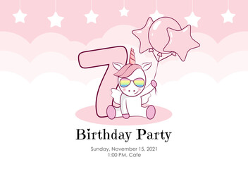 Birthday invitation for baby girl with cute unicorn, balloons and clouds in pink colors. Ready to use and editable template. An invitation for children and adults. Seventh year of birth.