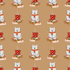 Seamless pattern with cats. Cute cat, cozy, flat illustration. Vector. Ginger cat.