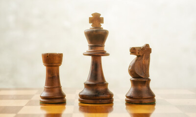 King, knight and rook on a chess board