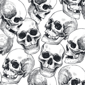 Seamless pattern of hand drawn human skulls. Vector graphic illustration.