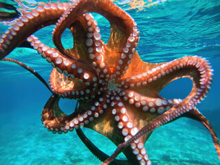Underwater photo of octopus swimming in crystal clear Mediterranean sea