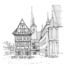 Travel sketch of Quedlinburg, Germany. Hand drawing of the old town and a street cafe. German houses line art. Hand drawn travel postcard. Urban sketch in black color isolated on a white background.