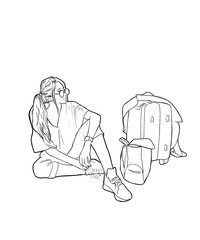 A girl with luggage is waiting for a trip. A woman is sitting next to the bags. A young tourist in a pink tracksuit. Illustration