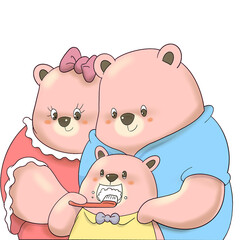 Baby Bear brushes his teeth with his parents standing next to him.