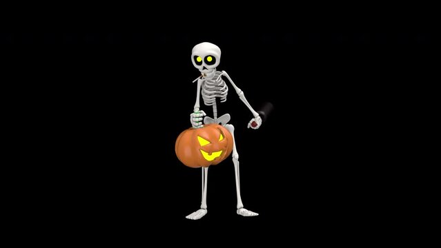 Drunken cartoon skeleton with bottle and pumpkin - 3d render looped with alpha channel.