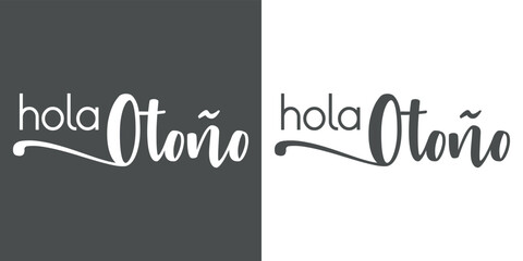 Logotipo con texto manuscrito Hola Otoño en español con florituras en fondo gris y fondo blanco © teracreonte