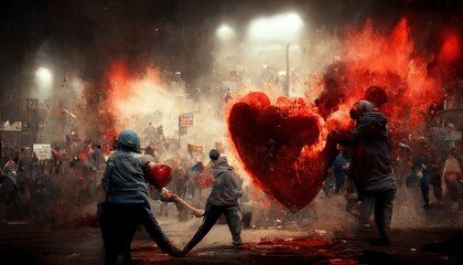 illustrative representation of a street battle with burning heart - obrazy, fototapety, plakaty