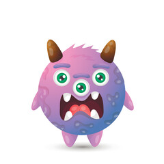 Funny round purple evil cartoon monster with three eyes and an open mouth for children's halloween decorations