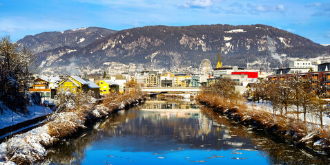 Cityscape of the small austrian city of Villach and the Drau river, Carinthia, Austria
