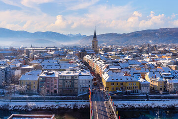 View from above on the roofs and shopping street of the Austrian town Villach, Carinthia, Austria