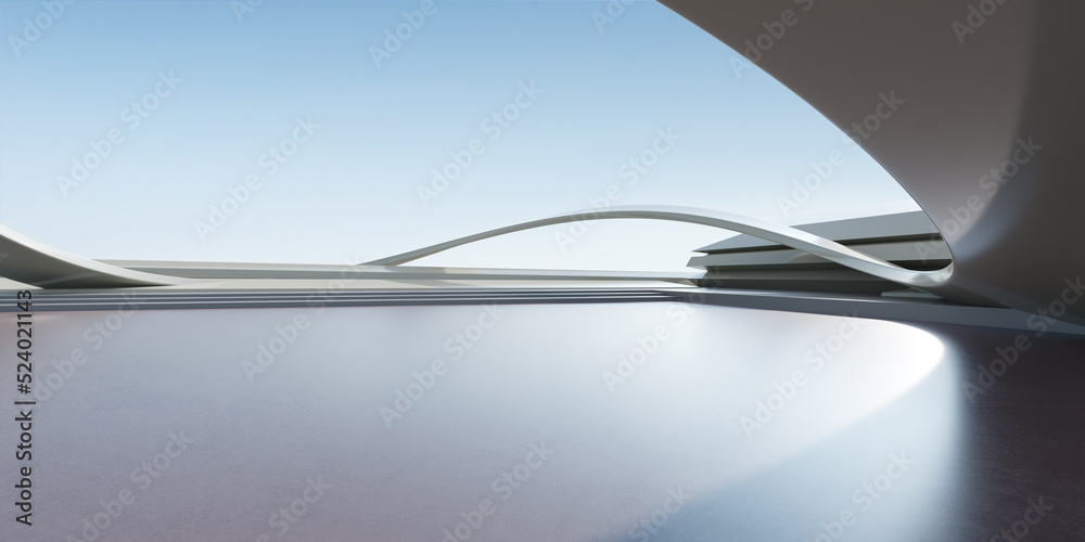 Poster 3d render of abstract futuristic architecture with concrete floor.