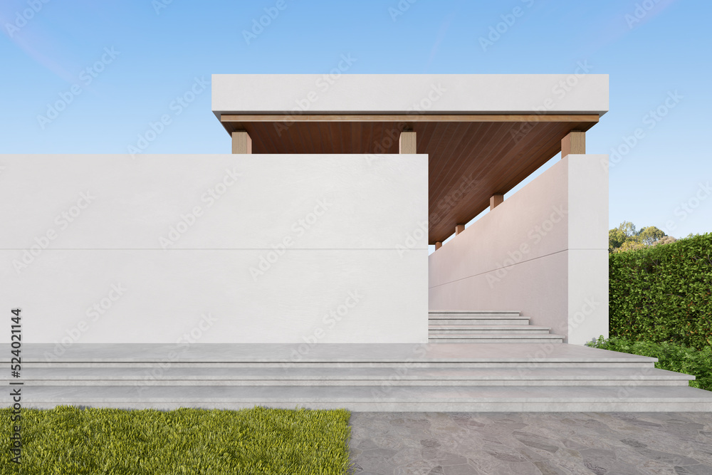Poster 3d rendering of concrete building entrance with large plain wall.
