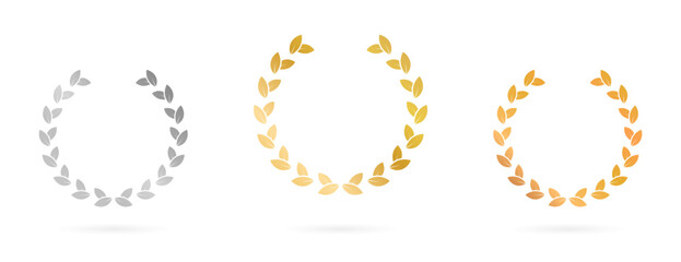 Vintage Emblem Gold Bronze Silver Champion Prize Certificate. Laurel Wreath for Winner Icon Set. Award Victory Circle Leaf Olive Branch Greek Icon. Decoration Isolated Vector Illustration