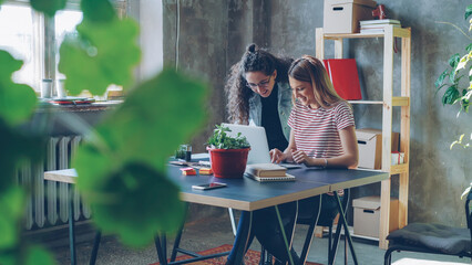 Young owners of small business are working with laptop in modern loft style office. Blonde is sitting and typing, brunette is standing near the desk and suggesting ideas looking at screen.