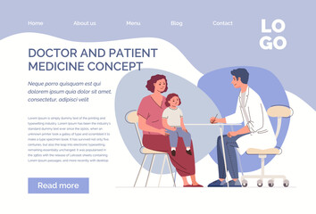 Concept of motherhood and childhood. Mother and child at Predator's reception. Planned visit to specialist. Website, template, landing page.Characters of illustration flat cartoon vector.