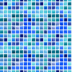 Fototapeta premium Watercolor blue green square mosaic seamless pattern. Illustration on white background. For fabric, sketchbook, wallpaper, wrapping paper.
