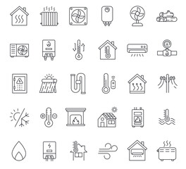Fototapeta premium Set of 30 Heating and Cooling Line Icons. Home heating system, heater, solid fuel, ventilation 