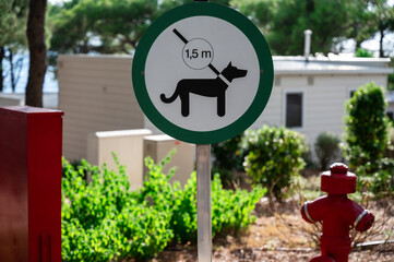 Dogs on leash sign in camping area. Maximal length of pets lead.