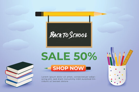 Back-to-school sale background design with colored pencils and other learning items
