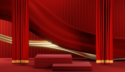 3D rendering of blank product background for cream cosmetics Modern red podium background