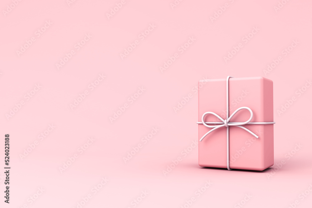 Aufkleber minimal pink pastel color gift box or present with white rope ribbon bow isolated on light pink back