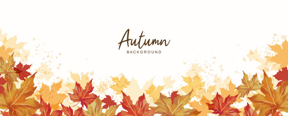 Autumn background. Thanksgiving and Harvest Day. Leaf fall horizontal banner. Watercolor maple leaves border. Vector illustration