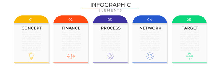 Business infographic elements concept design vector with icons. Workflow network project template for presentation and report.