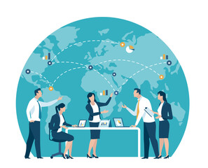 Global trade, investment.  The team discusses in front of the world map. Business vector illustration. - obrazy, fototapety, plakaty