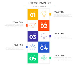 Timeline five steps infographic elements concept design vector with icons. Business workflow network project template for presentation and report.