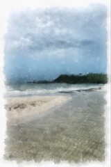 Seaside landscape fishing village and beach watercolor style illustration impressionist painting.