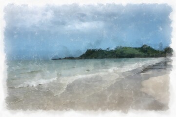 Seaside landscape fishing village and beach watercolor style illustration impressionist painting.