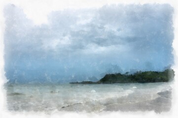 Seaside landscape fishing village and beach watercolor style illustration impressionist painting.