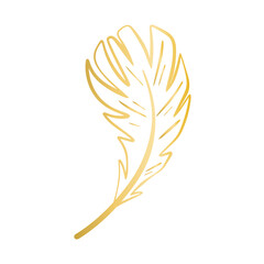 Golden decorative feather for creating invitations and cards. Simple outline gold feather isolated vector illustration. Elegant sketch symbol of poetry