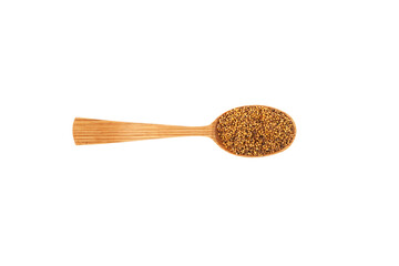 White mustard seeds in wooden spoon isolated on white background, top view. Design element. Selective focus, copy space