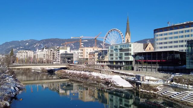 Cityscape of the small austrian city of Villach and the Drau river, Carinthia, Austria