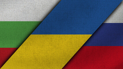 Bulgaria and Ukraine and Russia Realistic Texture Flags Together - 3D Illustration