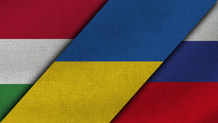 Hungary and Ukraine and Russia Realistic Texture Flags Together - 3D Illustration