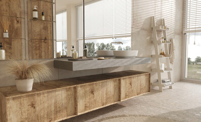 Mock up in bathroom interior. Bathtub with sink and decor. High quality 3d render illustration. Modern bath in scandinavian apartment. - obrazy, fototapety, plakaty