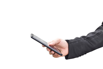 Close-up image of businessman hand holding mobile phone isolated on transparent background - PNG format.