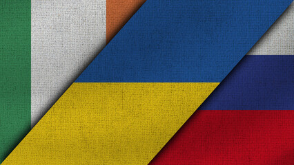 Ireland and Ukraine and Russia Realistic Texture Flags Together - 3D Illustration